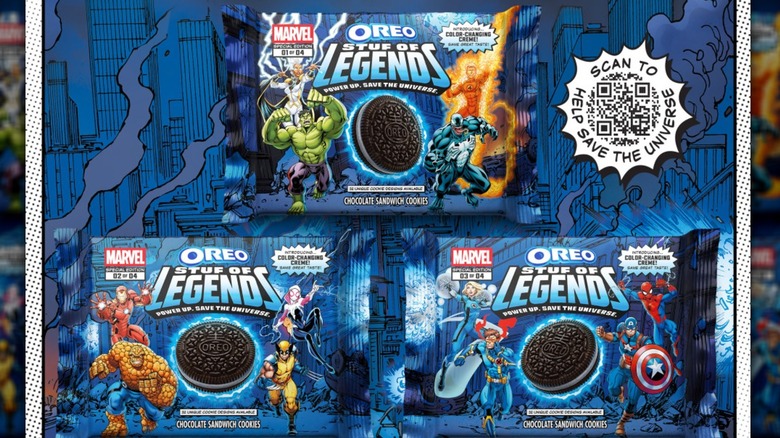 All three package options for MARVEL OREO Stuf of Legends Chocolate Sandwich Cookies on a blue, comic-themed background
