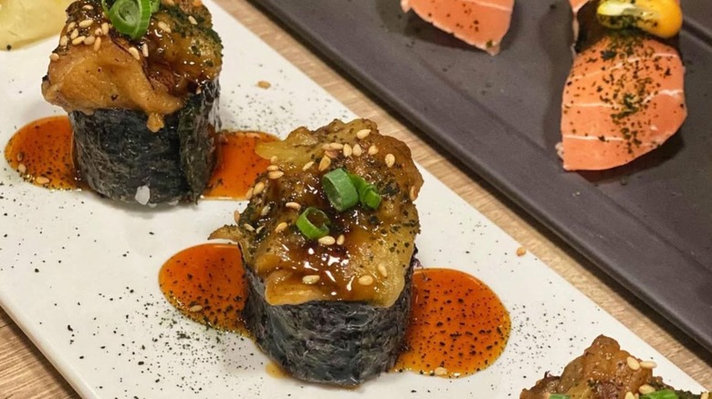 A platter of two different types of vegan sushi