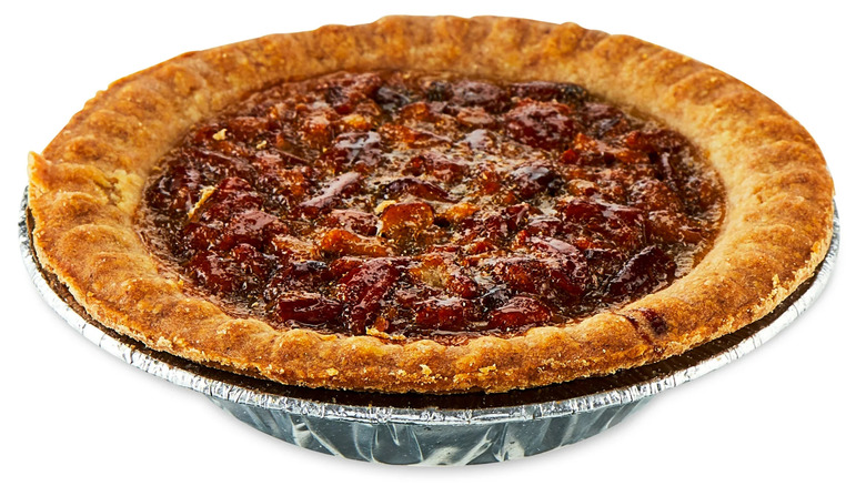 A close-up of Walmart's Freshness Guaranteed pecan pie on a white background
