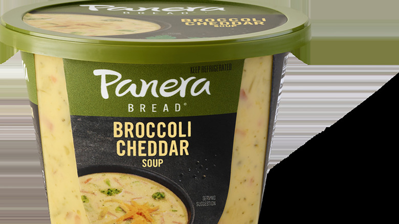 Plastic container of Panera Bread Broccoli Cheddar Soup