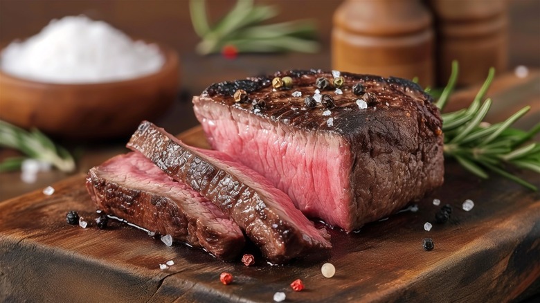 Seared steak on wood board with peppercorns on top