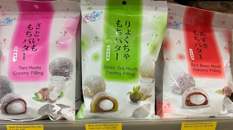 bags of mochi candy on display in vietnam