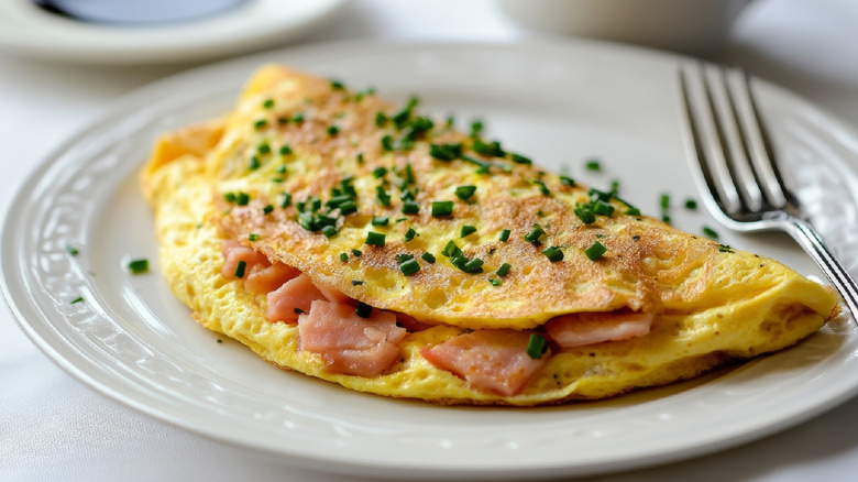 Ham and cheese omelet topped with chives.
