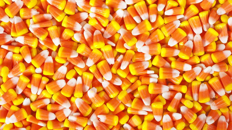 a large collection of candy corn laid out