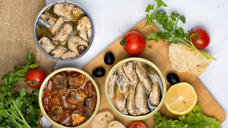 Tins of different types of sardine and sprat