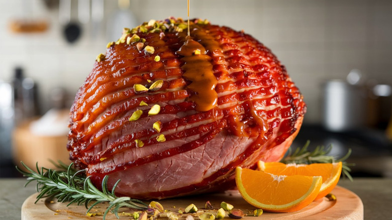 A large spiral cut ham topped with nuts, having some kind of glaze poured over it