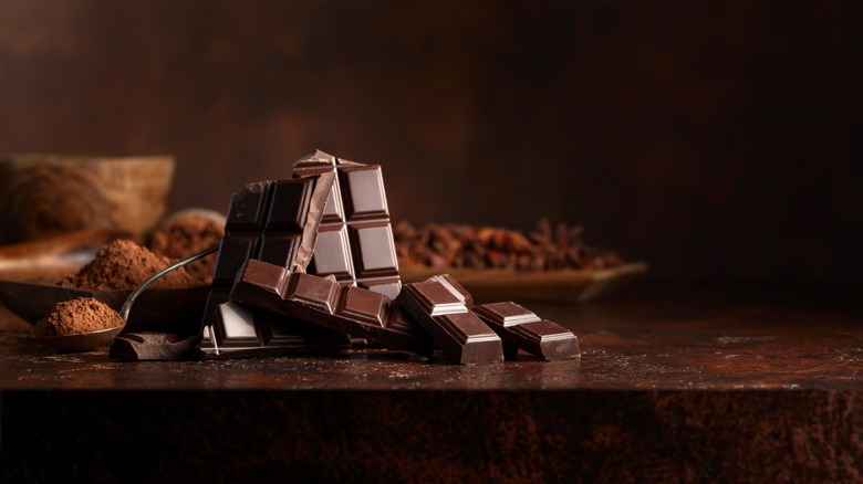 A close-up of a broken bar of chocolate with cocoa powder in background