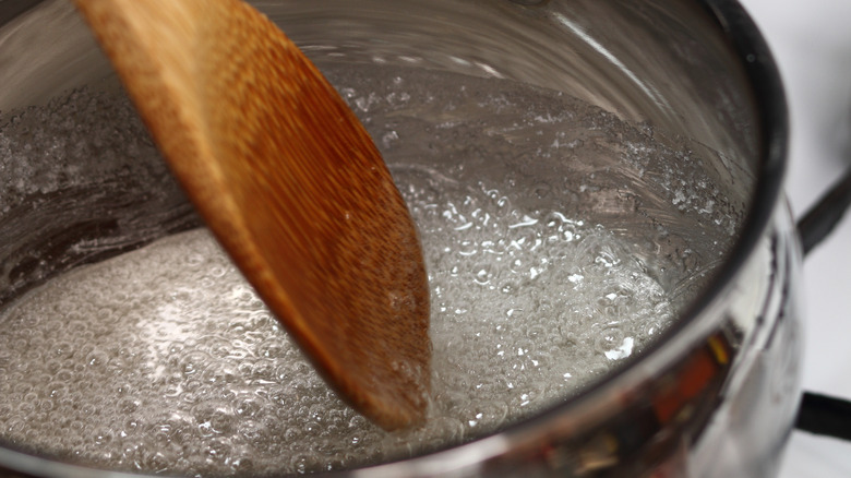 putting wooden spoon in pot of boiling water