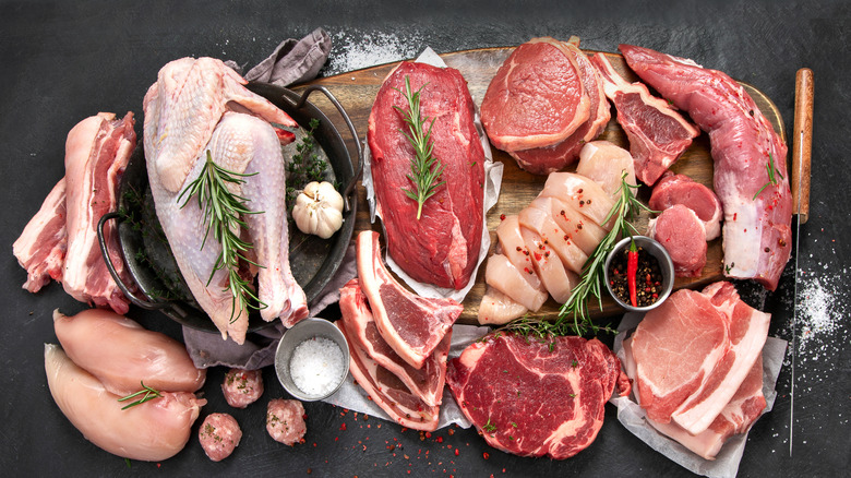 Top-down view of different types of raw meat
