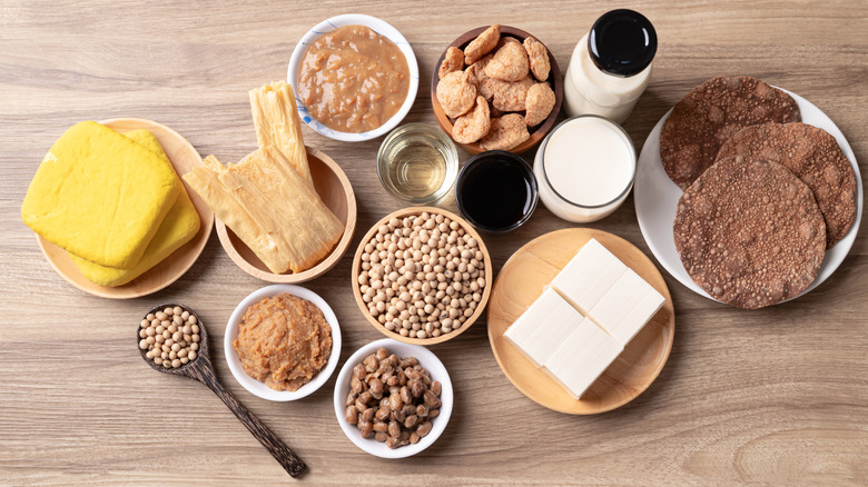 A top-down view of assorted soy products