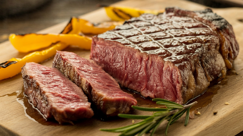 Close-up of a cooked ribeye steak
