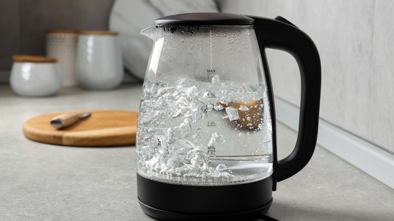 water boils in electric kettle on countertop
