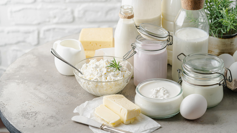 A variety of different dairy products, like cottage cheese, butter, and yogurt, in glass bowls and mason jars
