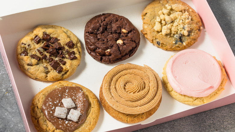Selection of gourmet Crumbl cookies in box