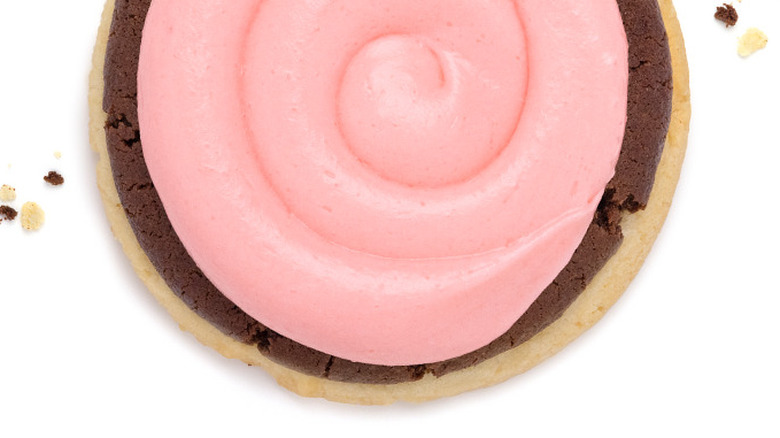 Overhead shot of cookie with pink icing
