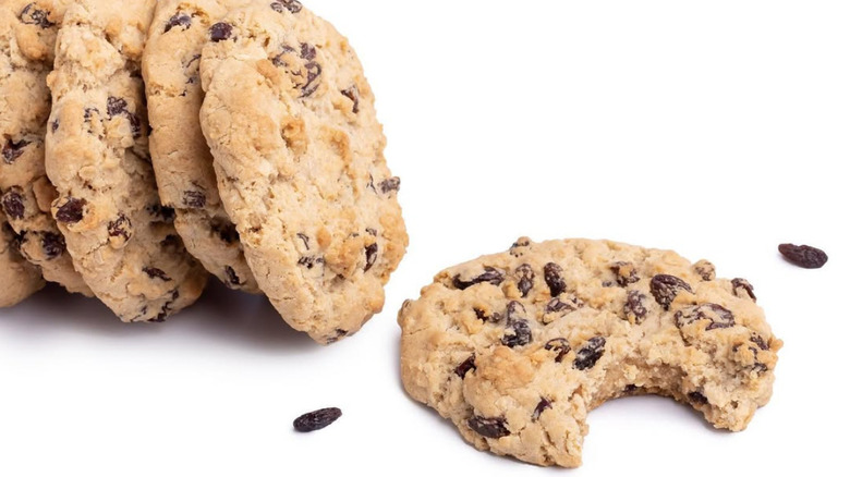 Crumbl Oatmeal Raisin cookies on white background
