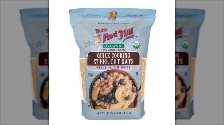 blue bag of organic steel cut oats
