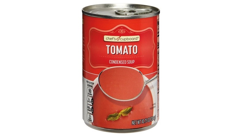 A can of Aldi Chef's Cupboard Tomato soup on a white background