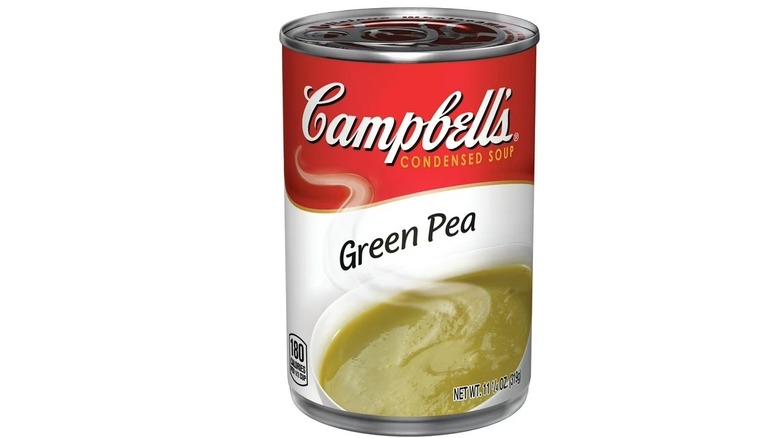 A can of Campbell's Green Pea soup on a white background