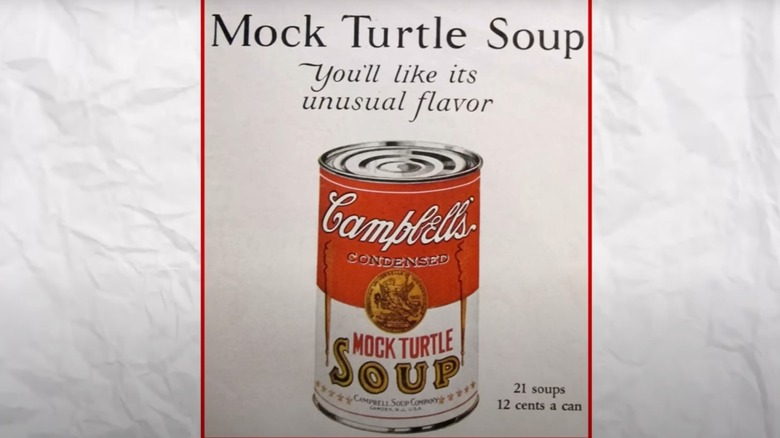 An advert for a can of Campbell's Mock Turtle soup against a rumpled white background