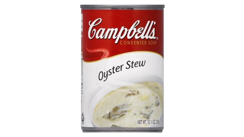 A can of Campbell's Oyster Stew on a white background