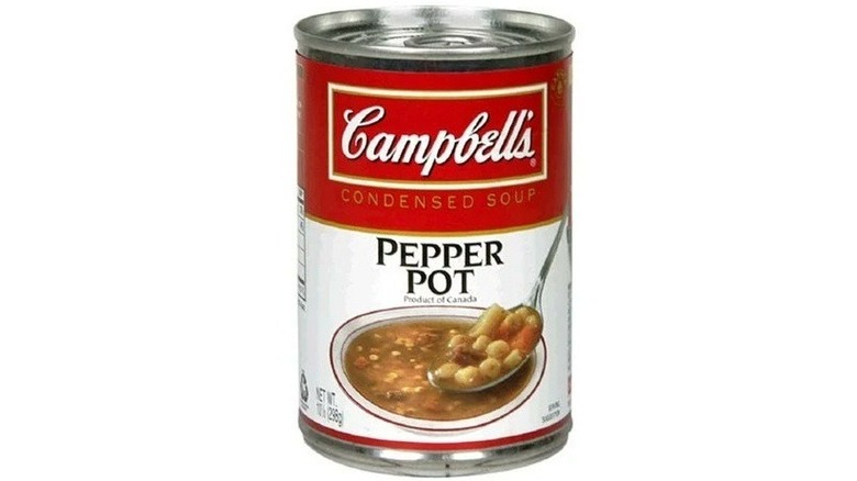 A can of Campbell's Pepper Pot soup on a white background