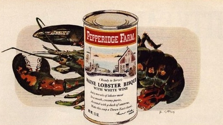 A drawing of a can of Pepperidge Farm Maine Lobster Bisque in front of a lobster on a sepia background