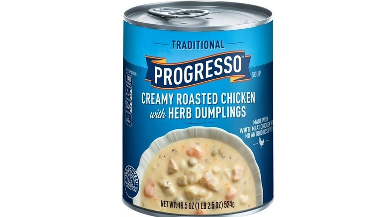 A can of Progresso Creamy Roasted Chicken with Herb Dumpling soup on a white background