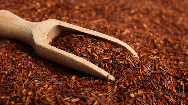 Heap of dry rooibos tea leaves with wooden scoop, closeup