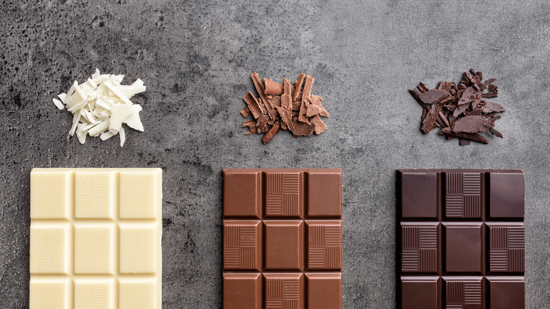 A close-up of bars of white, milk, and dark chocolate all in a row with chopped chocolate pieces above them