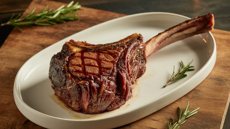 tomahawk steak on a platter