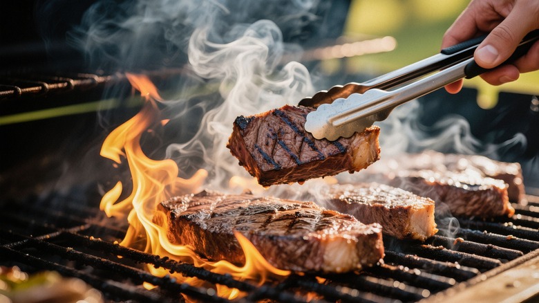 Someone grilling a few steaks on a charcoal grill