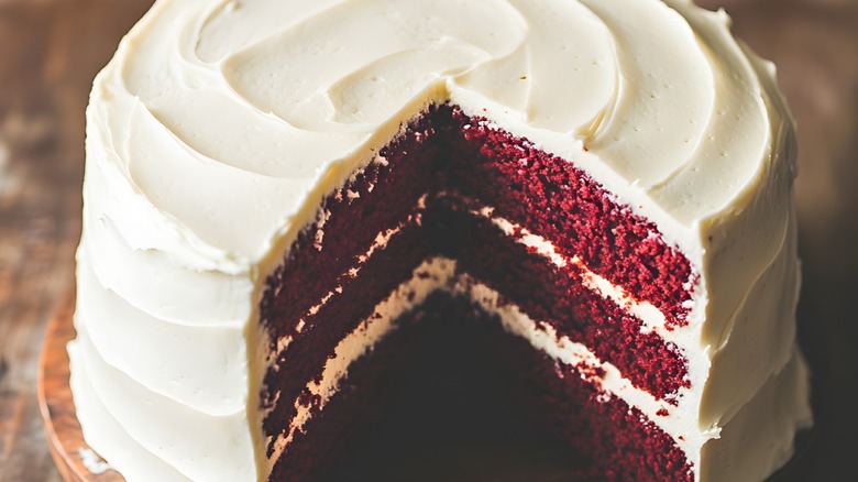 Red velvet cake with a slice removed