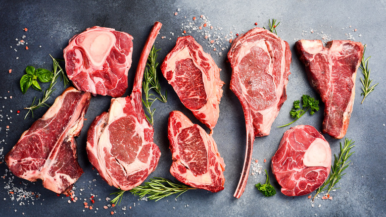 Variety of raw beef meat Prime steaks for grilling