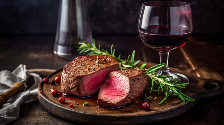 steak sliced down middle alongside glass of red wine