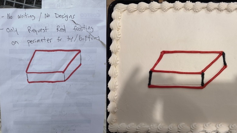 A photo of a custom cake request and the final cake