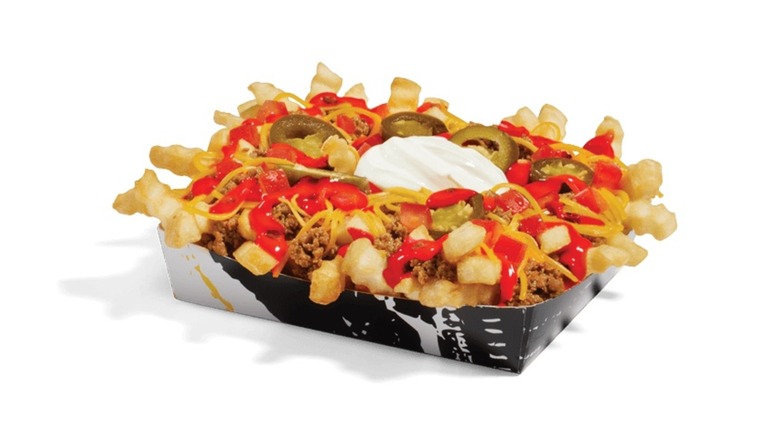 cardboard boat of loaded hot nacho fries
