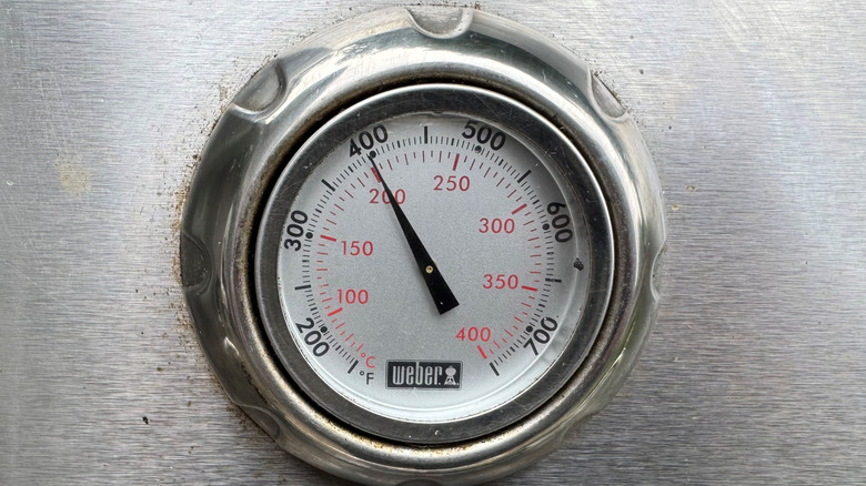 Closeup of propane grill temperature gauge