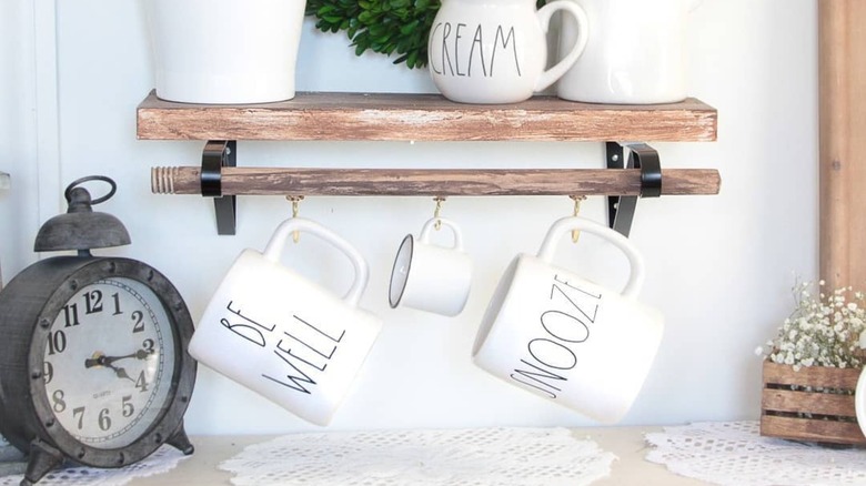 homemade wooden coffee mug rack with plunger handle