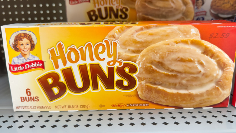 Little Debbie Honey Buns box on grocery shelf