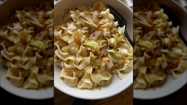 haluski in bowl with noodles and cabbage