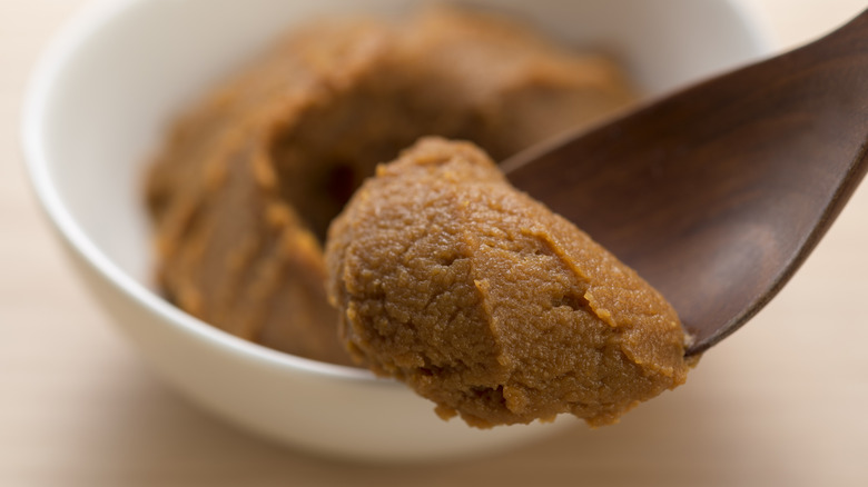 Close-up of a spoonful of miso paste