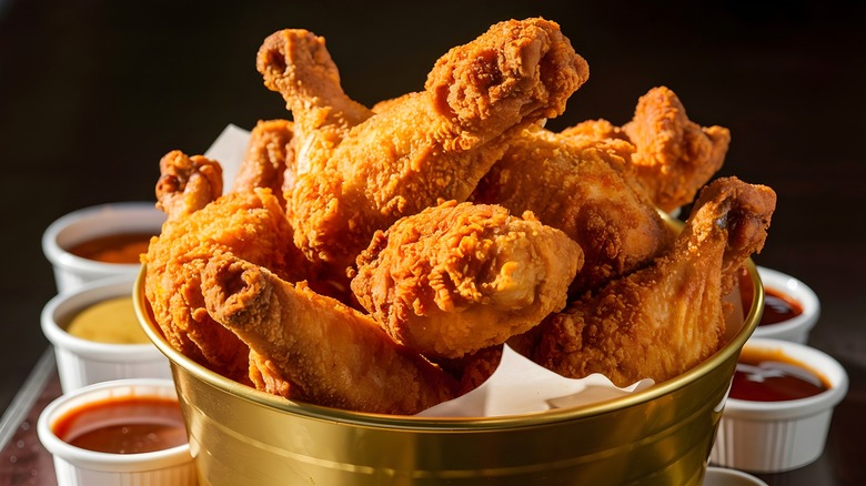 Pieces of fried chicken in golden bucket with condiments nearby