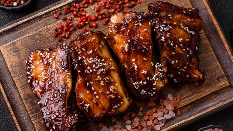 bbq pork ribs with lots of sticky sauce