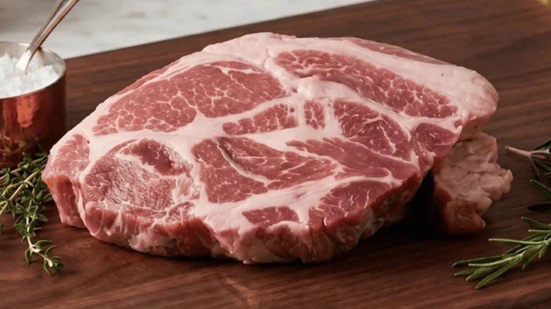 A coppa pork steak on a wooden chopping board