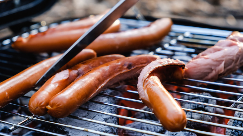 Close-up of sausages on a grill