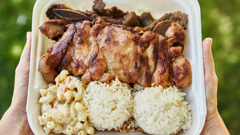 Hawaiian plate lunch with chicken, rice and mac salad