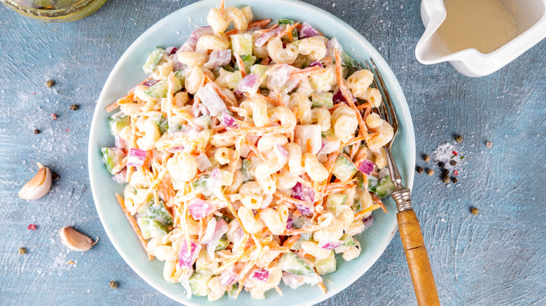 Overhead shot of big bowl of Hawaiian macaroni salad