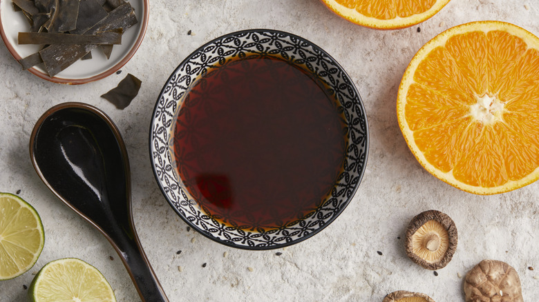Top-down view of Japanese ponzu sauce and its ingredients
