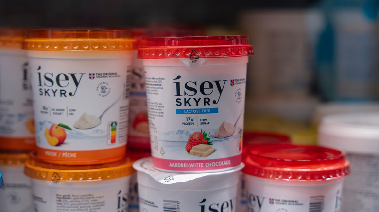 a display of flavored skyr yogurt at grocery store